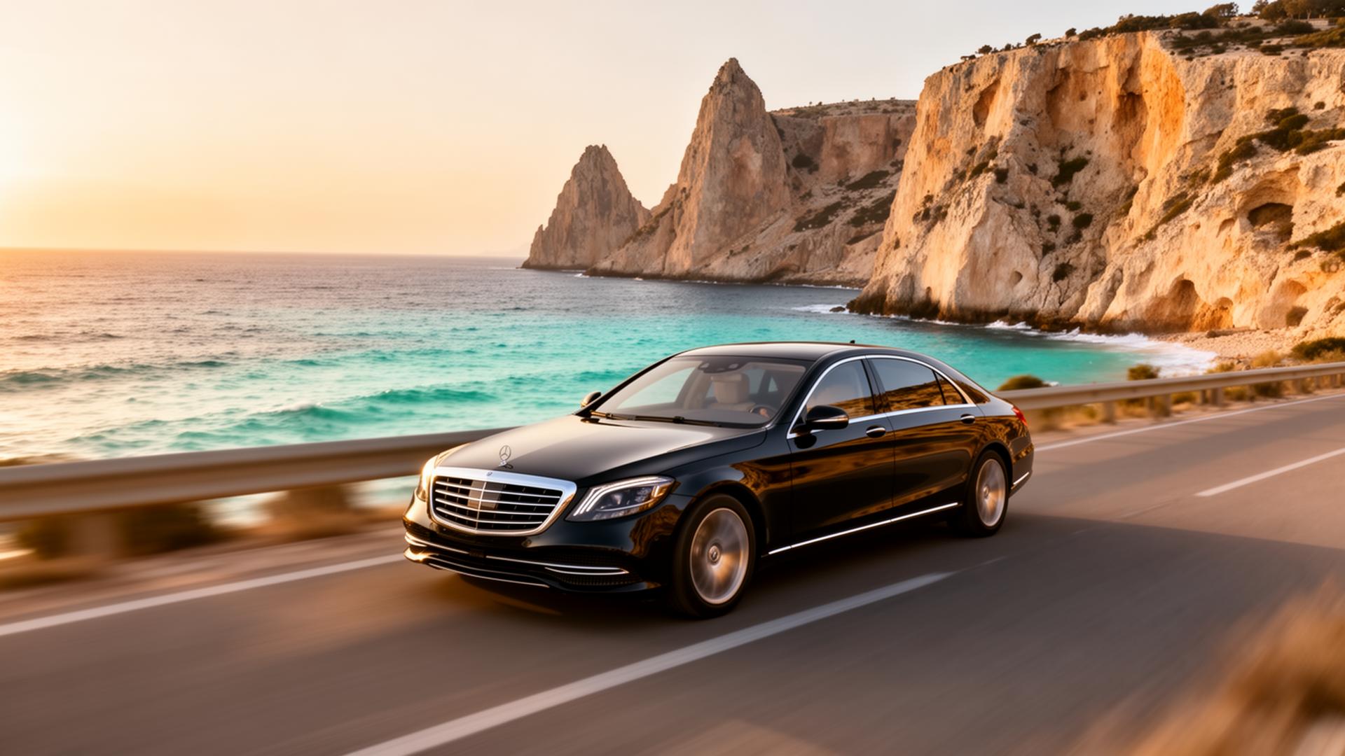 Luxury Mercedes Cyprus airport transfer driving the Mediterranean coast